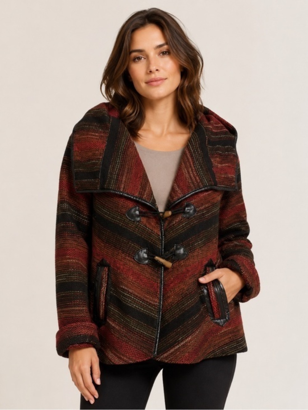 Jolt Striped Toggle Front Hooded Jacket Red Brown Black Size Small